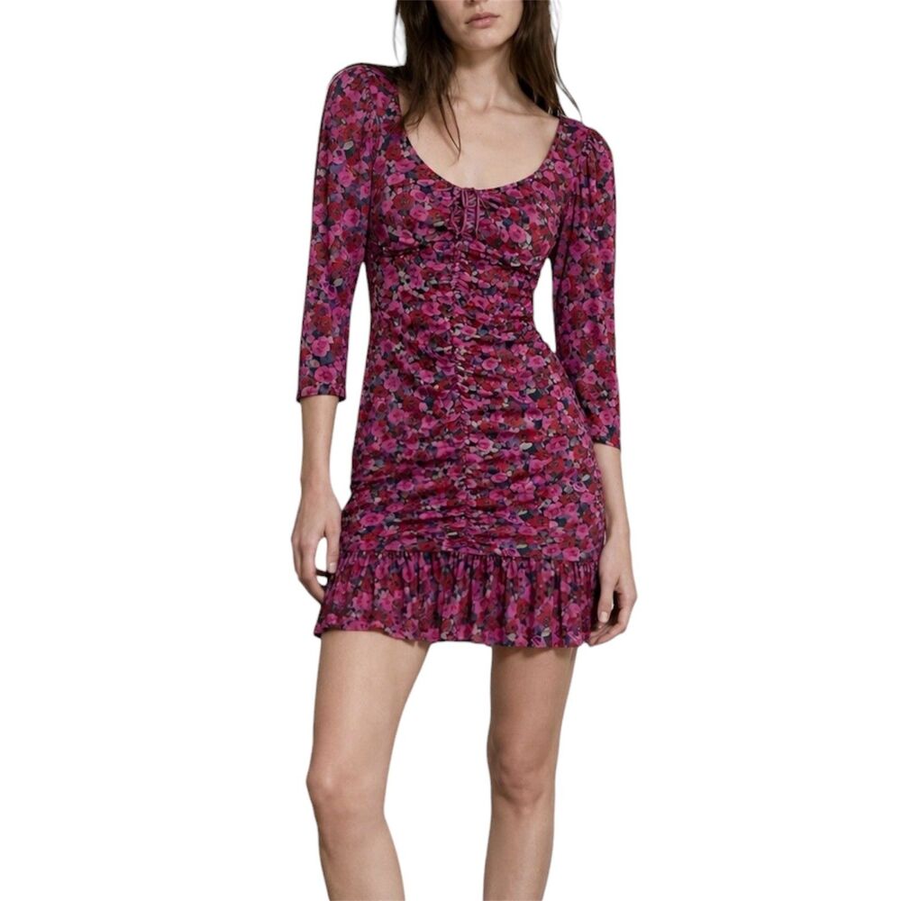 Ganni Floral Mesh Ruched Mini Dress Fiji Flower Pink Red Size EU 42 / M NWT - Picture 8 of 8